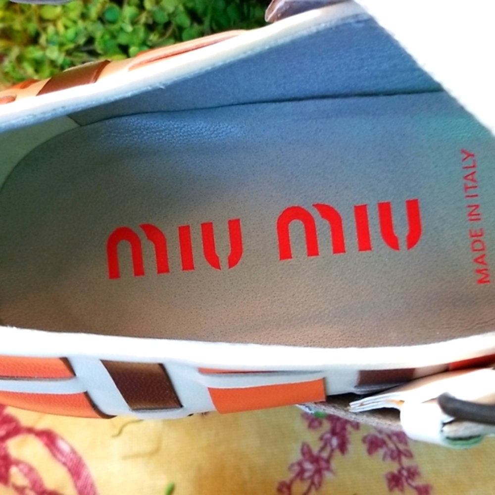 MIU MIU Y2k Orange Brown Basketweave Italy Leather Mary Janes Shoes 39 8.5 Euc - Picture 7 of 16